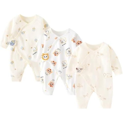 Newborn Baby Romper - Unisex Cotton Bodysuit for Infant Baby Boys Girls 3 Pack Long Sleeve Button Solid Jumpsuits