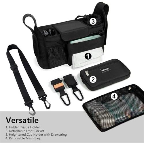 TOPDesign Universal Baby Stroller Organizer, Stroller Caddy with Detachable Mesh Bag & Heightened Insulated Cup Holders & Non-Slip Secure Hooks Accessories, Fits Most Strollers (Black)