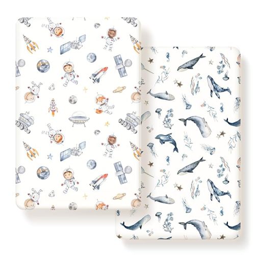 GRSSDER Stretchy Ultra Soft Jersey Knit Pack and Play Sheets 2 Pack, Portable/Mini Crib Sheets Universal Fitted for Playpen Mattress Safe and Snug, Cute Sea Fish & Space Print