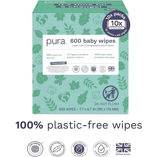 Pura Natural Sensitive Baby Wipes, 99% Water, Unscented & Hypoallergenic, Suitable for Sensitive & Eczema-prone Skin, Hypoallergenic, EWG Verified, 10 Pack of 60 Wet Wipes (600 Diaper Wipes) Bulk Buy
