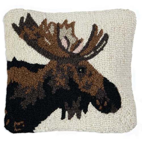 Moose Portrait Hooked Wool 14 x 14 Pillow | Black Forest Decor