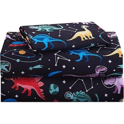 lasoftan Kids Sheet Set Twin Size, Twin Sheet Set with Space Dinosaur Pattern，Breathable Silky Soft Microfiber Kids Fitted Sheet