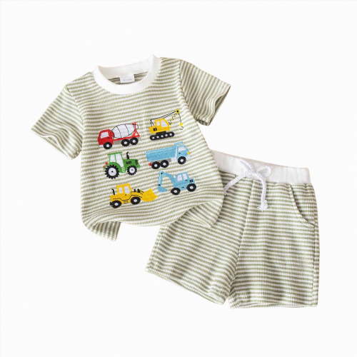 TOWED22 Little Boy 2 Piece Play Clothes Set Short Sleeve T-Shirt and Shorts Dinosaur Truck Print Outfits Green,18-24 M