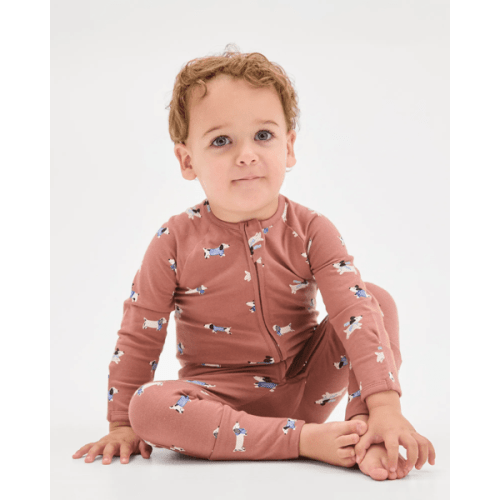 Baby Organic Cotton Zip Front Footless Coverall - Sausage Dog