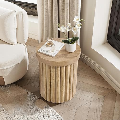 LuxenHome Wood Round Side Table, 19" Fluted End Table for Small Spaces, Mid Century Modern Wooden Accent Tables, Small Bedside Table, Couch Side Table, Nightstand for Living Room Bedroom Couch