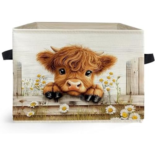 Farmhouse Highland Cow Storage Box Bins, Rustic Daisy Floral Heifer Collapsible Storage Basket Organizer for Girls Bedroom Laundry Room Home Clothes Books, Decor for Room