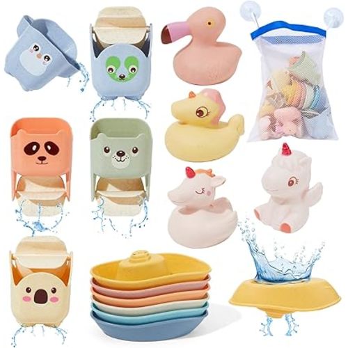 Bath Toys, 15 Pack | Mold-Free Bath Toys for Babies 6-12M & Kids Ages 1-3 | Fun & Safe and Easy to Clean Floating Boats & Bath Cups | Sealed, Easy-Grip No Hole Bath Toy | Toddler Bathtub Pool Toy