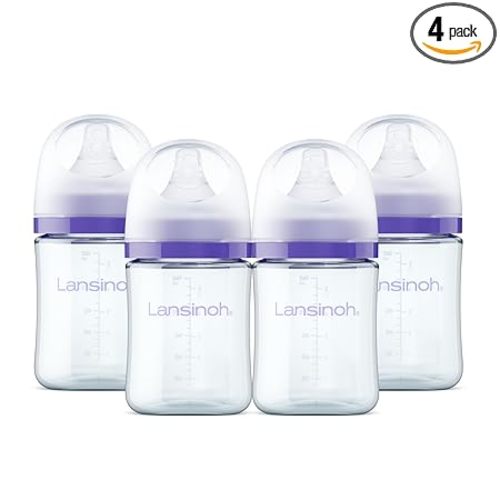 Lansinoh Glass Baby Bottles, Anti-Colic, 5 Ounces, 4 Count Bottles for Feeding, Baby Essentials, Includes 4 Slow Flow Nipples, Size S