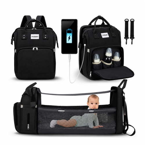 Diaper Bag Backpack with Changing Station, Baby Diaper Bag Large Capacity Travel Backpack, Waterproof Diaper Bag with Portable Baby Bed, Insulated Pockets & Stroller Straps, Black