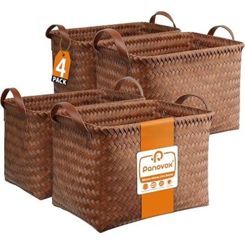 Hand Woven Baskets for Storage, 4Pcs Water-Resistant Wicker Baskets, Brown Wicker Storage Baskets for Shelves, Large Basket with Handle for Organizing, Clothes, Laundry, Blanket - Rectangular