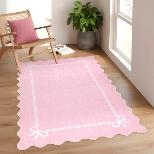 4x6 Scalloped Bow Rug for Living Room,Solid Pink Rug for Dorm,Washable Runner Rugs Soft Low Pile Non Slip Scalloped Rugs for Nursery Bedroom Decor Hallway Entryway Playroom