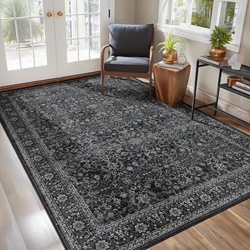 Dark Area Rug 6x9, Vintage Earth Tone Rugs for Living Room Bedroom, Washable Non Slip Low Pile Thin Carpet Rug for Dining Room Guest Room Home Office, Farmhouse Distressed Midnight