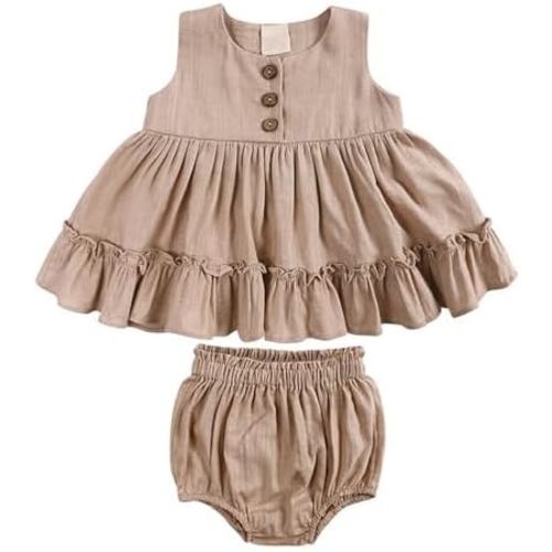 Baby Girls Cotton Linen Sleeveless Ruffles Dress Shirt Bloomer Shorts Clothing Sets 2pcs Summer Outfits