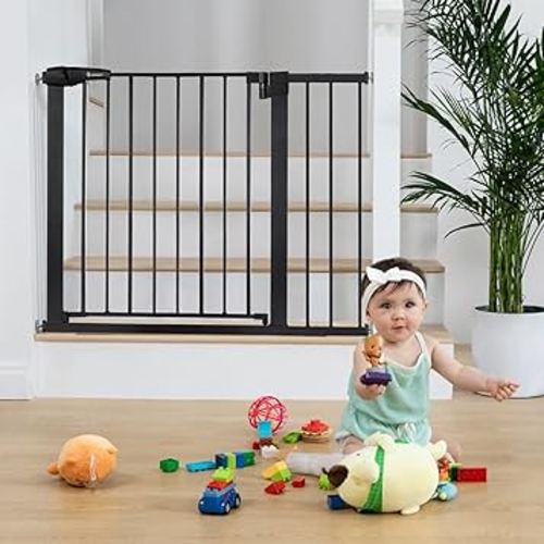 COMOMY 30" Tall Baby Gate for Stairs Doorways, Fits Openings 29.5" to 40.5" Wide, Auto Close Extra Wide Dog Gate for House, Pressure Mounted Easy Walk Through Pet Gate with Door, Black