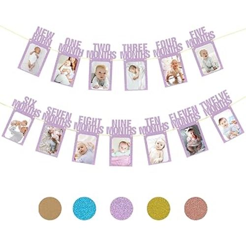 First Birthday Decorations for Baby from Newborn to 12 Months, 1st Birthday Photo Banner Baby Monthly Milestone, Party Hanging Supplies for Girls Boys (Purple)
