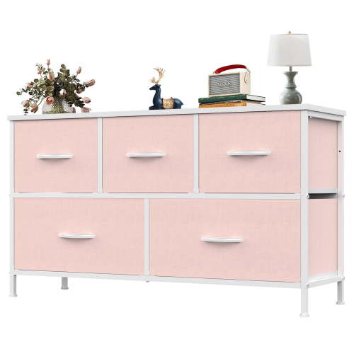 edx 5 Drawers Fabric Dresser for Bedroom, Storage Organizer, Wide Chest of Drawers for Closet, Clothes, TV Stand, Wood Board, Pink