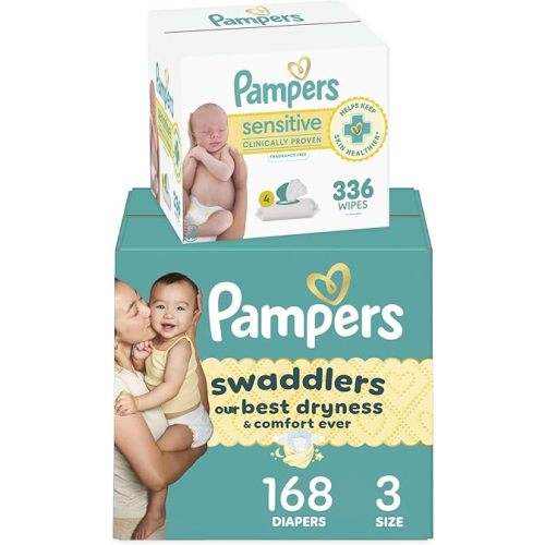 Diapers Size 3, 168 Count and Baby Wipes - Pampers Swaddlers Disposable Baby Diapers and Water Baby Wipes Sensitive Pop-Top Packs, 336 Count (Packaging May Vary)