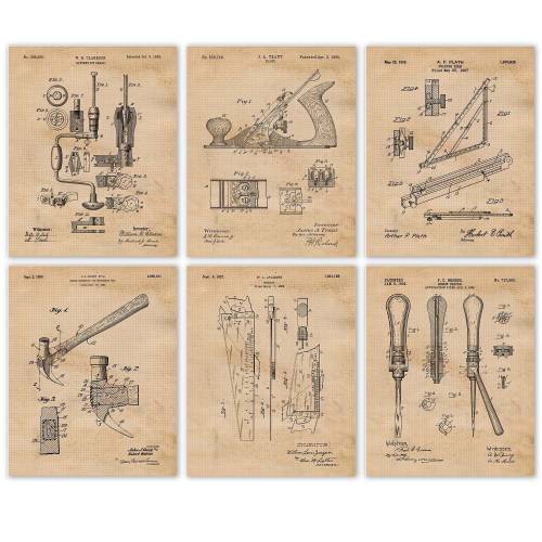 Vintage Woodworking Tools Patent Prints, 6 Unframed Photos, Wall Art Decor for Home Work Office Construction Shop Builder Carpenter Student