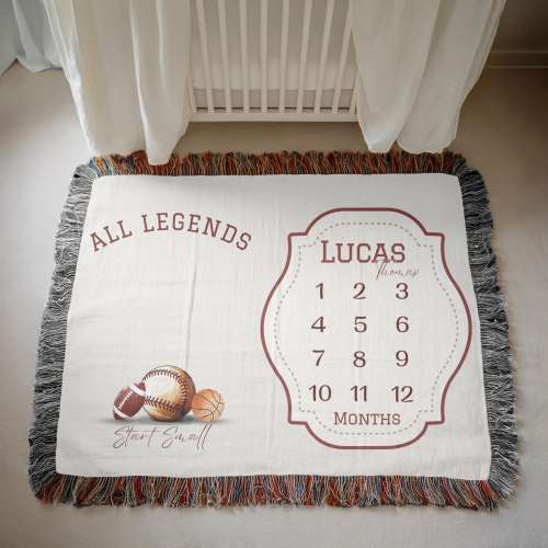 Personalized Sports Milestone Blanket, All Legends Start Small, Custom Baby Name Blanket, Monthly Baby Photo Blanket 1-12 Months, Boy Gift