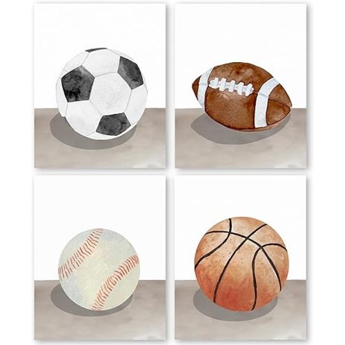 QLMX Sports Wall Art Prints Set of 4,Sports Decor for Boys Bedroom, Sports Wall Decor,boys Sports Room Prints for Wall Decor,Baseball Basketball Soccer Poster for Teen Boys Room Bedoom 8”x10”Unframed