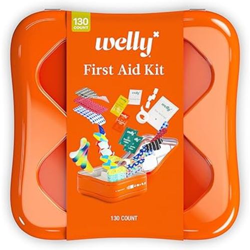 Welly First Aid Kit - Adhesive Flexible Fabric and Waterproof Bandages, Tape and Non-Stick Pads, Butterfly Strips, Single Use Ointments Triple Antibiotic and Hydrocortisone, and Ibuprofen - 130 Count