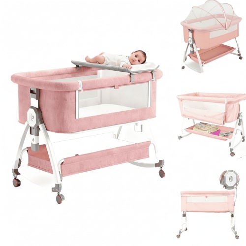 HDUTNGISN 4-in-1 Pink Rocking Bassinet with Musical Toys, Storage Basket & Wheels Adjustable Bedside Rest for Newborns