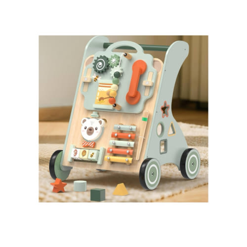 Wooden Baby Walker, Adjustable Speed Baby Push Walker for 1 Year Old, 10-in-1 Montessori Walker for Boys & Girls, Toddler Sit-to-Stand Learning Toy with Detachable Busy Board