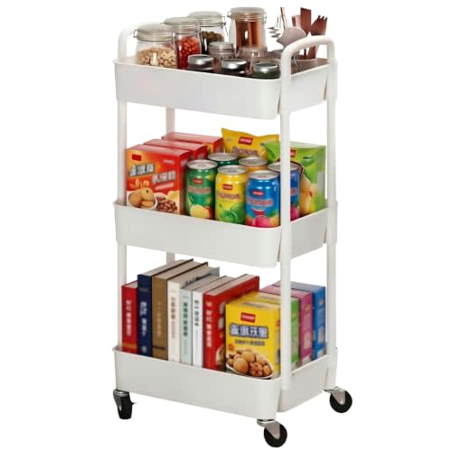 Sywhitta 3-Tier Plastic Rolling Utility Cart with Wheels for Storage,White | Multi-Functional Storage Trolley, for Office, Living Room, Kitchen, Bathroom,Movable Organizer,Space-Saving,Easy to assemble