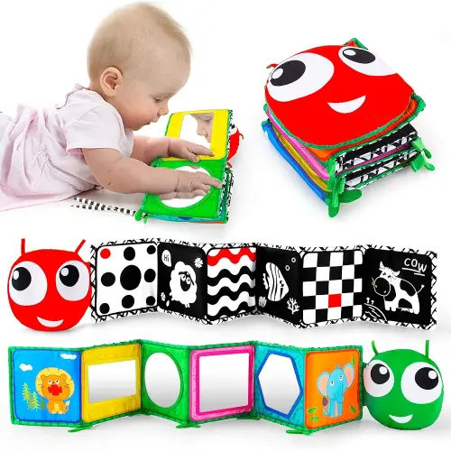 Inbeby Tummy Time Mirror Toy Baby Soft Book 3-in-1, Standable/Foldable High Contrast Black and White Crib Toys Early Educational, Multi-Function Sensory Newborn Toy for Infant 0 3 6+ Month Boy Girl