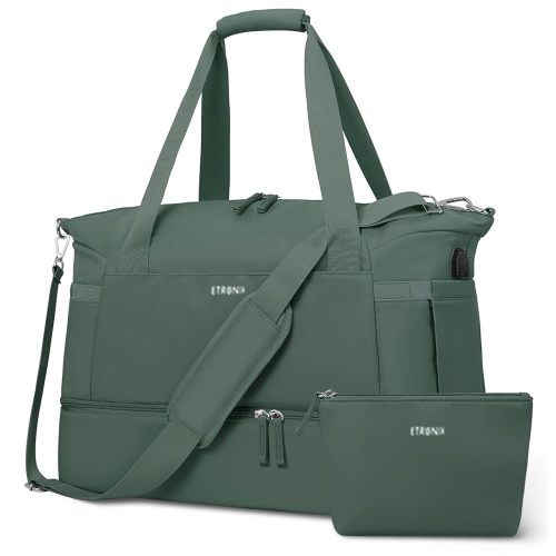 ETRONIK Gym Bag for Women, 47L Carry On Travel Duffel Bag with Shoes Compartment, Weekender Overnight Bag with Wet Pocket & USB Charging Port for Women, Travel, Gym, Weekend, Large Size (Dark Green)