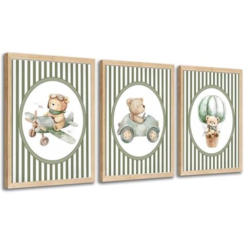 3 Pcs Sage Green Nursery Wall Art Cute Bear Painting Poster Sage Green Animal Nursery Picture for Baby Wall Decor Living Room Bedroom Home Decoration 12*16 in (Stretched Canvas on A Wooden Frame)