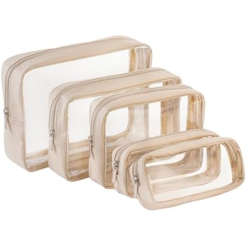 Remobia Hicol TSA Approved 5-Piece Diaper Bag Organizer Pouch Set Clear Waterproof TPU Kids Toiletry Storage Set Travel Packing Clutch Cube Bags for Baby Nursing(Cream leather)