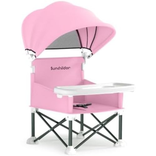 Portable Baby Booster Seat with Removable Tray & Canopy - 3 Point Safety Harness, Compact Fold for Travel, Indoor Outdoor Use for Infants & Toddlers, Pink