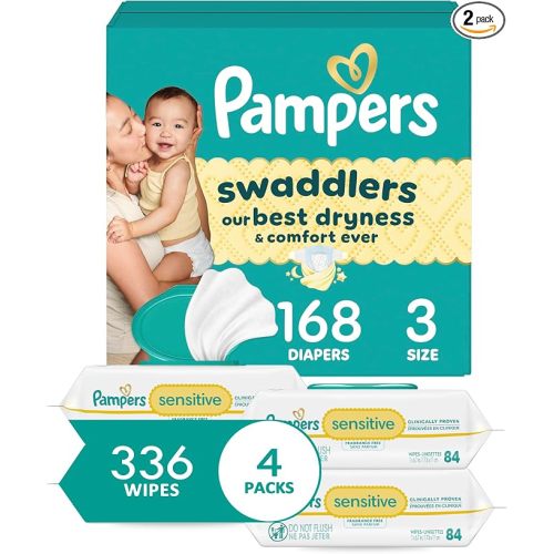 Diapers Size 3, 168 Count and Baby Wipes - Pampers Swaddlers Disposable Baby Diapers and Water Baby Wipes Sensitive Pop-Top Packs, 336 Count (Packaging May Vary)