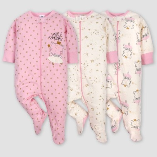 Gerber Baby Girls' 3pk Princess Sleep N' Play Pajamas - Pink/Ivory, Size: 0-3M