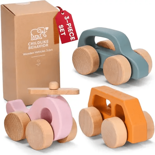 Childlike Behavior Wooden Car for Toddler - Wood Push Truck Vehicle - Montessori Inspired Wooden Rattle Teething toys - Baby Wood Cars for Kids, Boys, & Girls