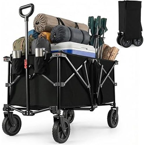 Goplus 38" Collapsible Wagon Cart, 400 LBS Heavy-Duty Folding Beach Wagon with All-Terrain Wheels & 2 Cup Holders, 180 L Portable Utility Cart with Adjustable Handle for Camping, Shopping (Black-Plus)
