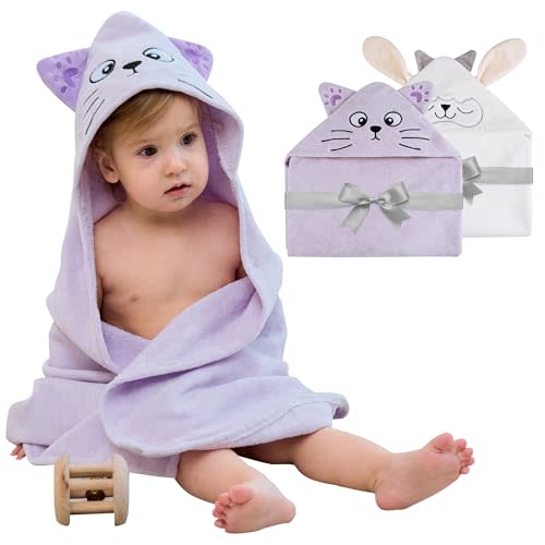 Viviland 2 Pack Hooded Baby Towels, Soft 100% Cotton Baby Bath Towels with Hood, Extra Thick and Absorbent, Essential for Newborns, Kids, Infants - Girls and Boys (Sheep & Purple Cat)