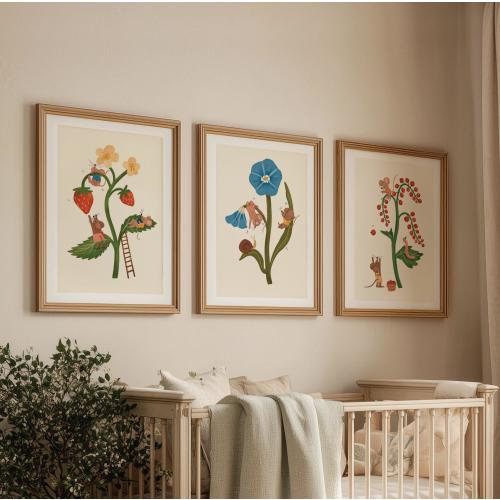 Set of 3 Mouse Nursery Prints, Strawberry Garden Wall Art, Botanical Kids Room Decor, Cottagecore Storybook Art, Baby Shower Gift