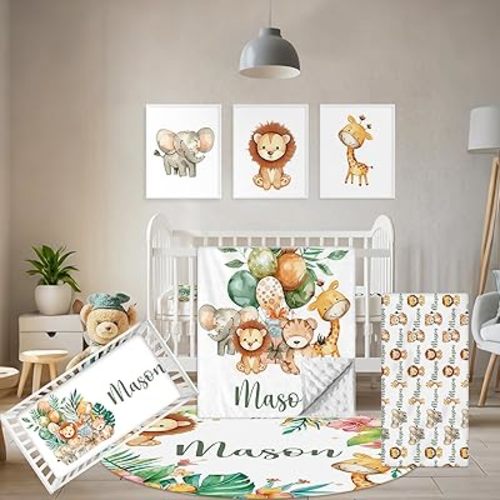 Terwex Personalized Baby Bedding Set, 5 Pcs Custom Name Baby Crib Sets, Safari Animal Crib Bedding Set for Baby Boys Girls, Double Layer Flannel Nursery Bedding Set, Toddlers Infants Customized Gifts