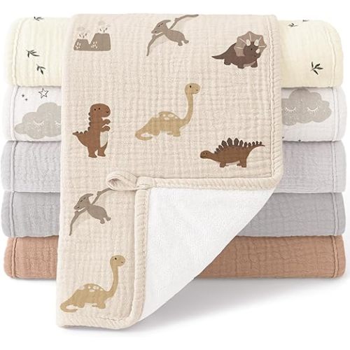Bearmoss 100% Cotton Muslin Burp Cloths Sets 6 Pack 20x10inch Large Burping Clothes Extra Soft Absorbent for Newborn Unisex Baby Girls and Boys (Dinosaurs)