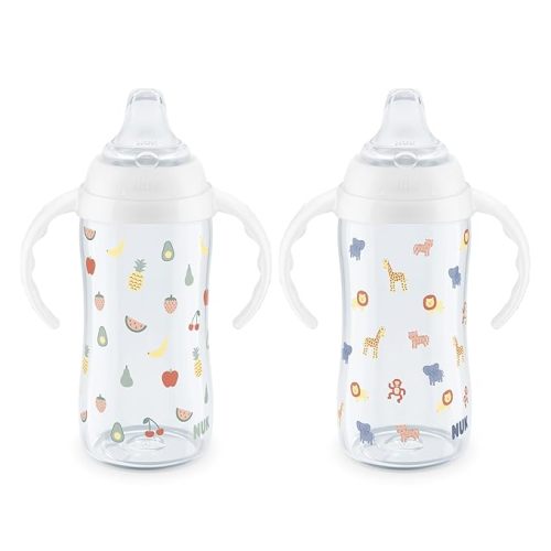 NUK Learner Cup, 8+ Months, Fun Fruits and Animals, Amazon Exclusive Collection, 10 Oz, Pack of 2, BPA-Free, Soft Spout, Spill Proof Sippy Cup