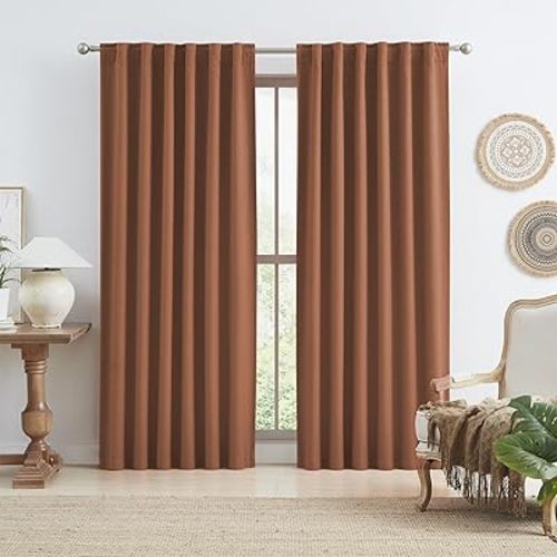 KEQIAOSUOCAI Rust Linen Blackout Curtains for Bedroom 84 Inch Length 2 Panels Set Boho Fall Decor Back Tab Pocket Hook Belt Brick Rust Textured 70s Curtains for Living Room W50 x L84 Terracotta
