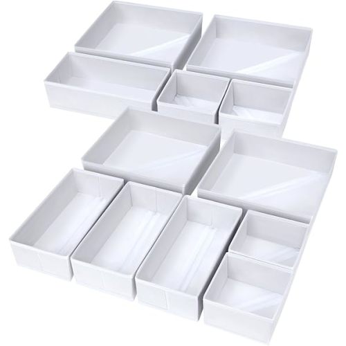 DIMJ Drawer Organizer Clothes, 12 Pack Fabric Closet Organizers and Storage, Foldable Baby Clothes Organizer & Dresser Bin For Nursery, Bedroom, Closet, Socks, Bra, Tie,White