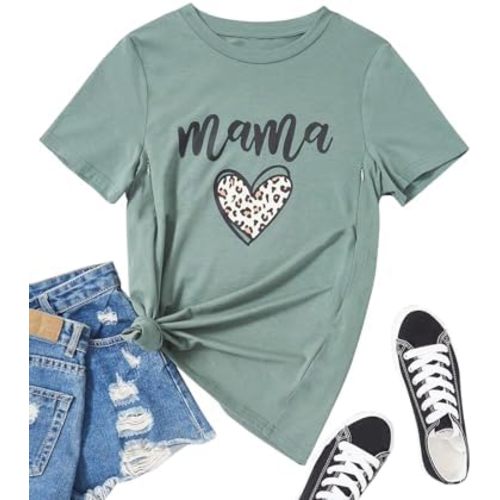 Women Maternity Nursing Shirt Funny Mama Shirt Cute Leopard Heart Graphic Tees Friendly Zip Maternity Breastfeeding Tops