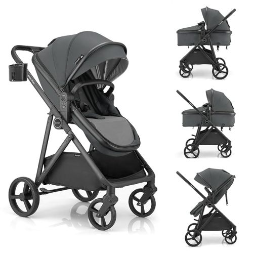 3-in-1 Baby Stroller, Convertible Stroller for Newborn Infant Toddler with Reversible Seat, UPF 50+ Canopy & Cup Holder - Gray