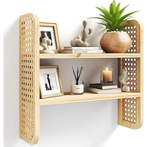 2-Tier Natural Rattan Wall Shelf, Cute Hanging Book Shelves Storage, Decorative Natural Display Shelves, Boho Floating Shelf for Nursery, Bedroom, Living Room