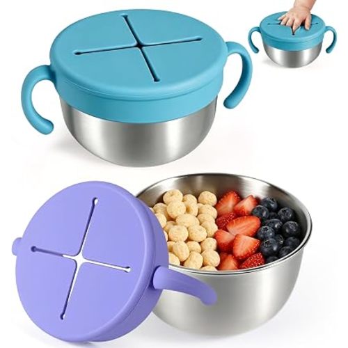 Snack Cups, 2 Pack Stainless Steel Toddler Snack Containers, Spill-Proof Snack Bowls, Silicone Removable Lids & Handles, Food Storage Containers, Dishwasher Safe Snack Container, Baby Shower Gifts