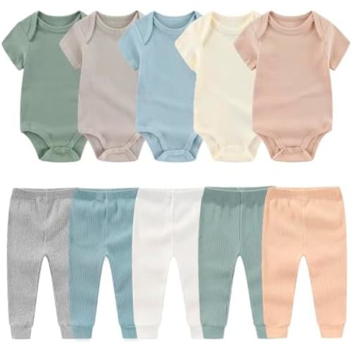 Newborn Baby Layette Gift Set 10-Piece Baby Boy Girl Short Sleeve Bodysuits with Pants Infant Outfit Essentials