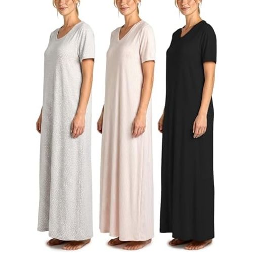 3 Pack Women's Maxi Long Nightgowns Short Sleeve Night Shirt PJ Sleep Dress